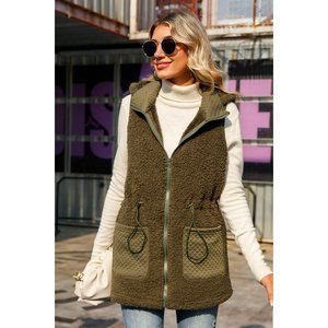 Zip-Up Drawstring Waist Longline Hooded Vest